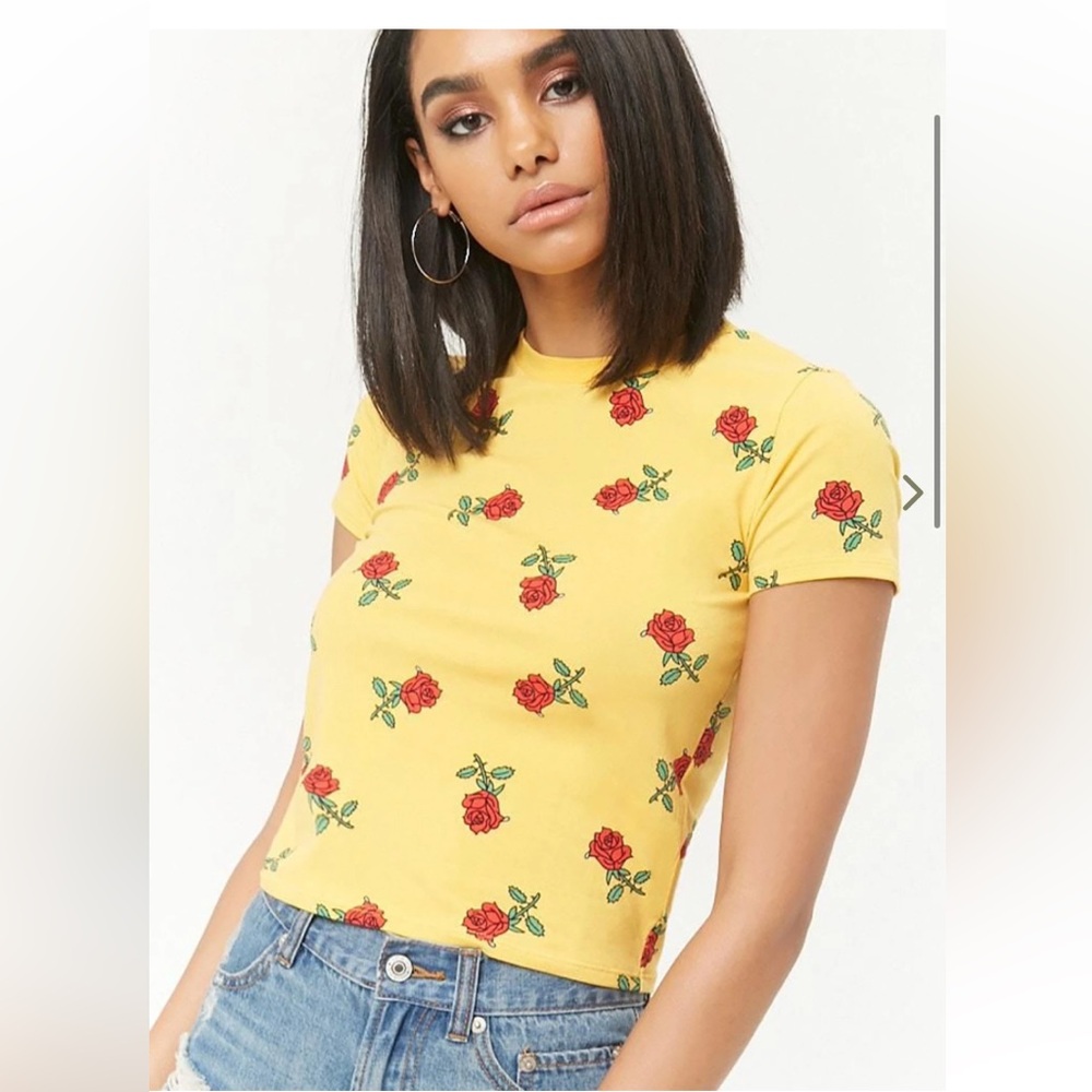 Forever 21 Yellow & Red Floral Print T-Shirt